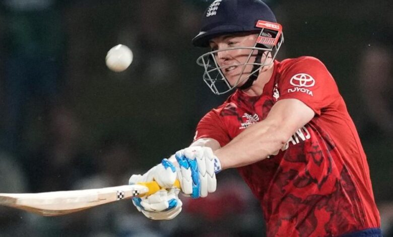 England's captain Harry Brook hits a six during the T20 World Cup cricket match between England and Pakistan in Pallekele, Sri Lanka, Tuesday, Feb. 24,