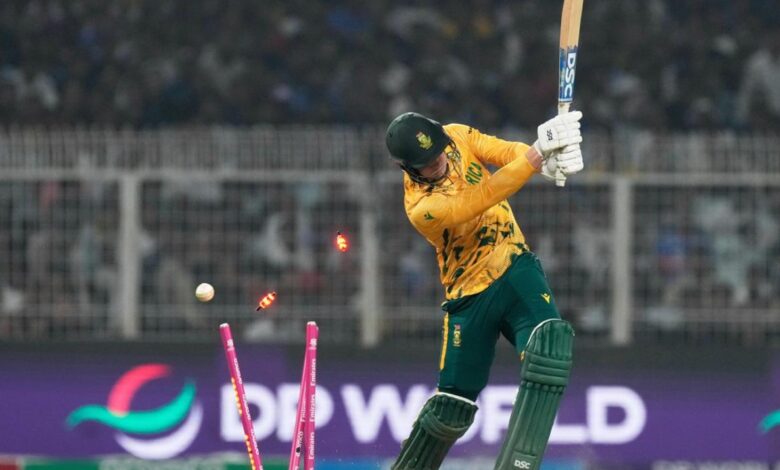 South Africa's Corbin Bosch is bowled out by New Zealand's Matt Henry during the first T20 World Cup cricket semifinal match between New Zealand and South Africa in Kolkata, India, on March 4, 2026.